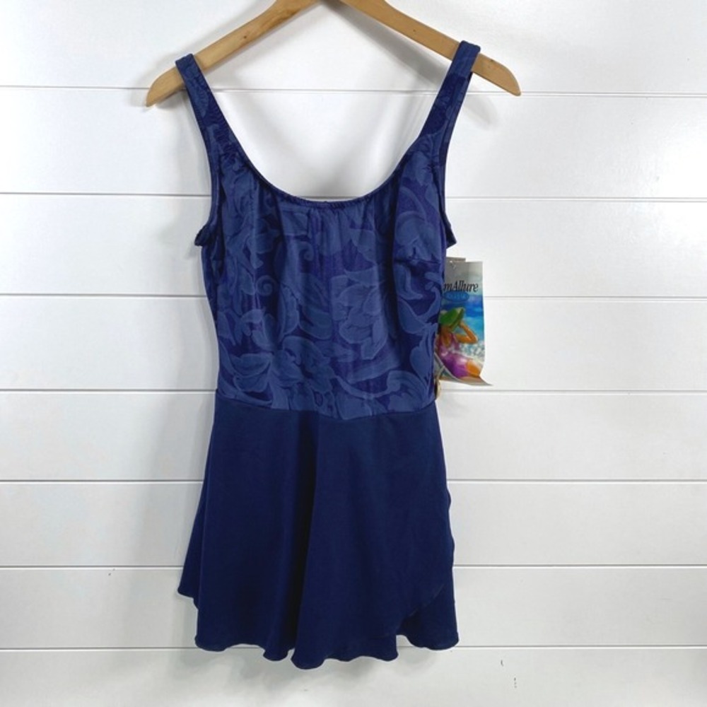 Slim Allure Womens Floral Swim Dress sz 14 NWT Blue Slimming Soft Cup Hides Hips